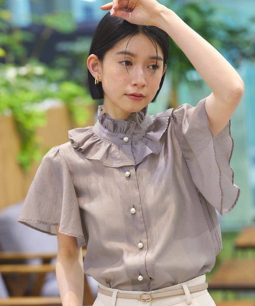 ルイルエブティック RUIRUE BOUTIQUE 【洗える】選べる素材（シアー無地/ドット）フリルスタンドカラーブラウス（ホワイト×黒ドット） 洗える】選べる素材(シアー無地/ドット)フリルスタンドカラー