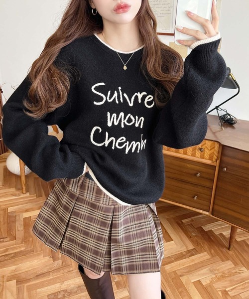 moment+ ニット セーター ロープ刺繍ロゴニットプルオーバー