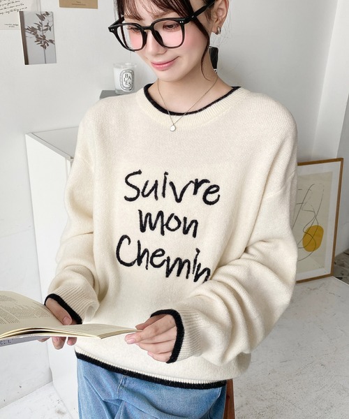 moment+ ニット セーター ロープ刺繍ロゴニットプルオーバー