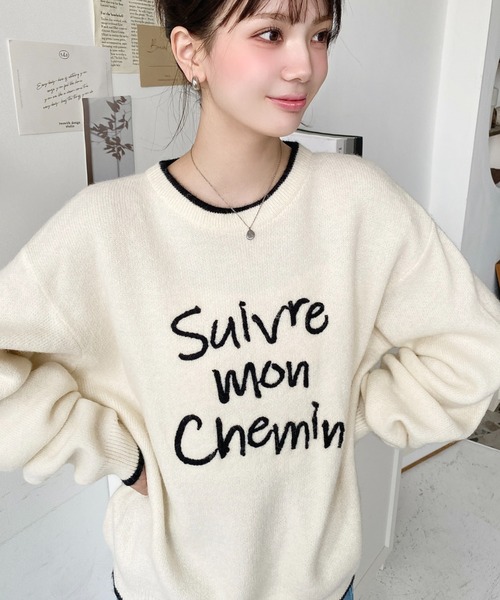 moment+ ニット セーター ロープ刺繍ロゴニットプルオーバー