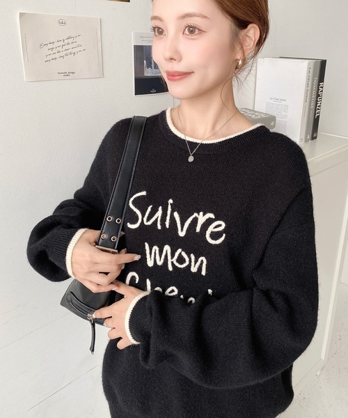 moment+ ニット セーター ロープ刺繍ロゴニットプルオーバー