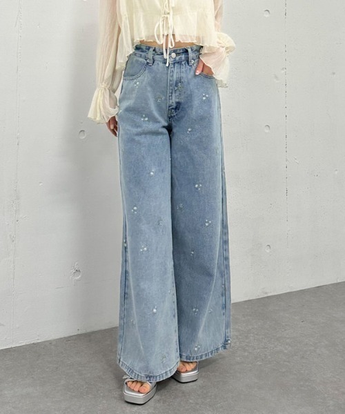 【45R】花柄 ワイド デニムパンツ(サイズ2) Theater code ジーンズ flower design wide denim pants