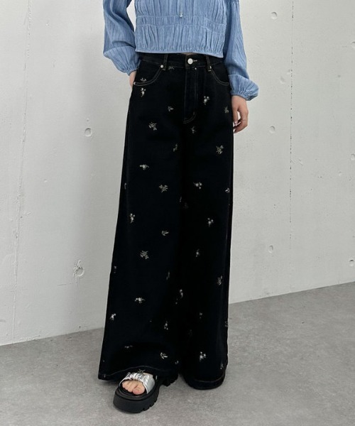 【45R】花柄 ワイド デニムパンツ(サイズ2) Theater code ジーンズ flower design wide denim pants