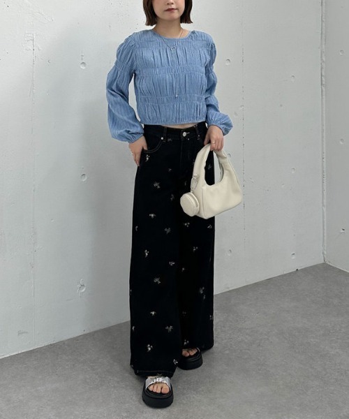 【45R】花柄 ワイド デニムパンツ(サイズ2) Theater code ジーンズ flower design wide denim pants