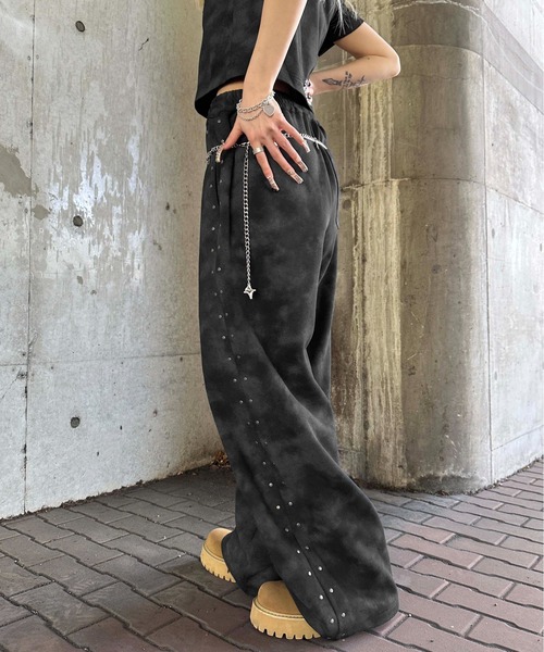 ワイドパンツ スウェットパンツ ジャージ ダート加工スタッズ