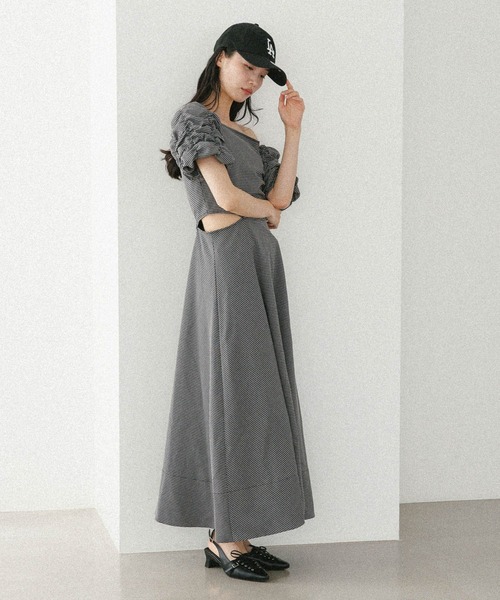 Poppy アシンメトリーフレア 半袖ワンピース グレー Heather ワンピース アシメカットアウトワンピース（半袖