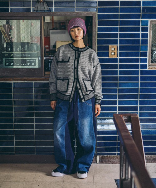 黒と青のニットカーディガン niko and… カーディガン 「MODE NORM CORE」バイカラートリム