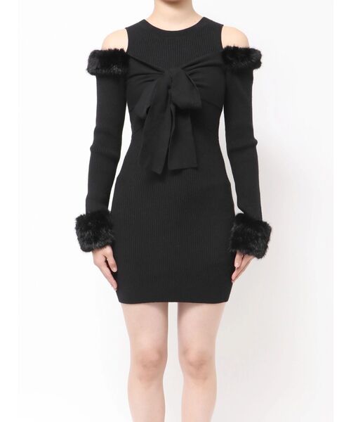 【新品】RESEXXY ポイントフェイクファーミニニットワンピース ブラック RESEXXY（リゼクシー） ワンピース ポイントフェイクファーミニニット
