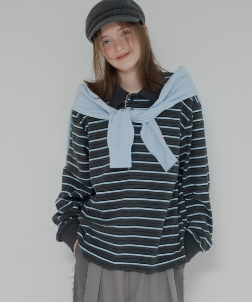 ジュメロ マルチボーダーポロトップ ネイビー JUMELLE（ジュメロ） tシャツ マルチボーダーポロトップ レディース