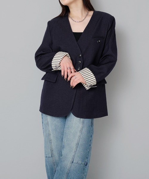 【美品✨2way】Reneノーカラージャケット 洗える カメリアボタン ルネ 黒 murea ジャケット ノーカラージャケット Vネックノーカラージャケット