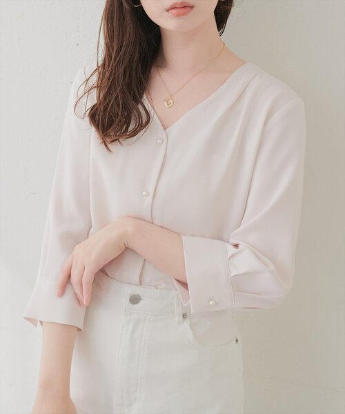 natural couture ブラウス シャツ パール釦Vネック7分袖ブラウス