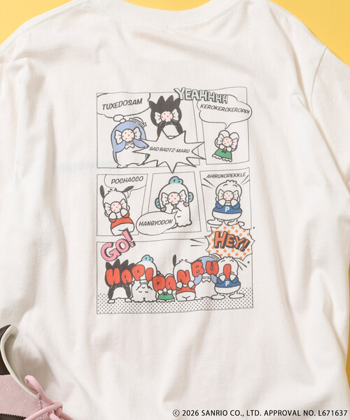 sanrio（サンリオ） tシャツ 半袖 ”HAPIDANBUI” 目隠しコミック柄