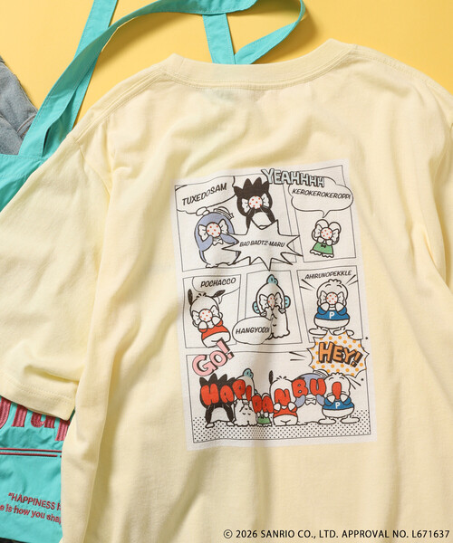 sanrio（サンリオ） tシャツ 半袖 ”HAPIDANBUI” 目隠しコミック柄