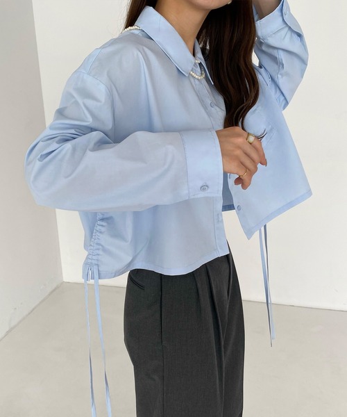 マルチサイズ ブラウス シャツ ギャザーデザインストライプショートシャツ レディース FREAK'S STORE ブラウス シャツ マルチストライプ ショート