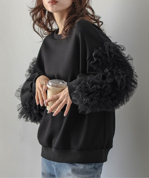 トレーナー スウェット フリルチュールスリーブトップス レディース