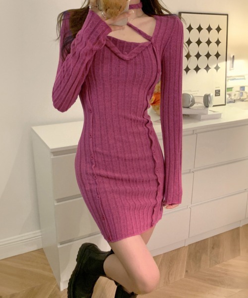 miniministore ワンピース タイトミニニットワンピースホルターネック