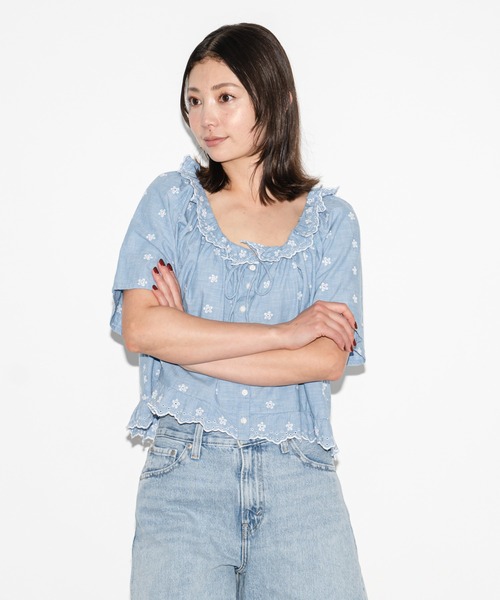 [Levi's] короткий рукав блуза X-SMALL голубой женский 