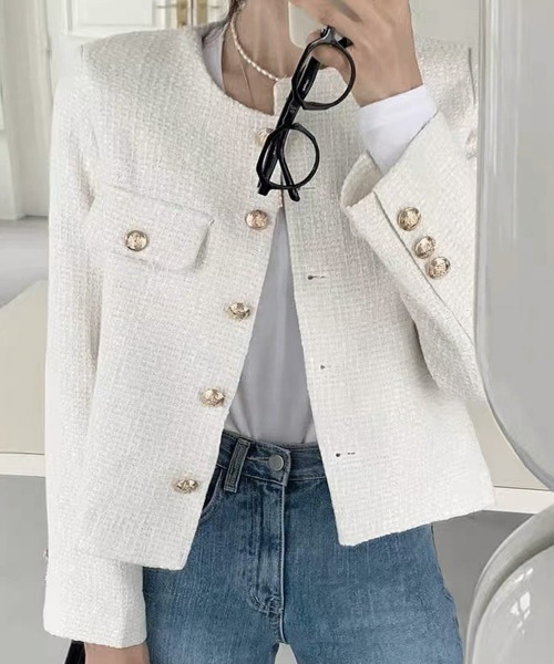 綺麗め ノーカラー ジャケット ツイード風 韓国風 お洒落 miniministore ジャケット ノーカラージャケット ツイード風