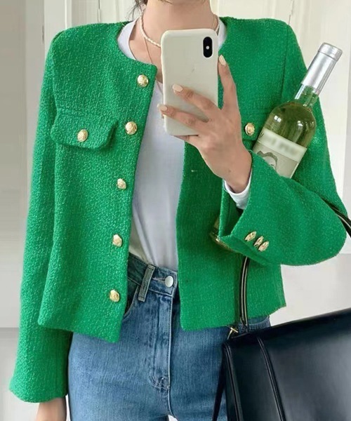 綺麗め ノーカラー ジャケット ツイード風 韓国風 お洒落 miniministore ジャケット ノーカラージャケット ツイード風