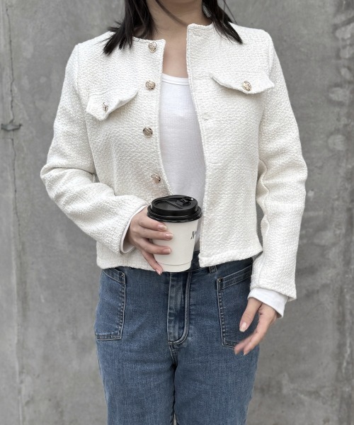 綺麗め ノーカラー ジャケット ツイード風 韓国風 お洒落 miniministore ジャケット ノーカラージャケット ツイード風