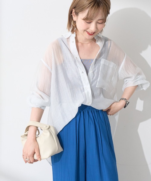【シナモン】ストライプスタンダードバックタックシャツ＋楊柳シアーシャツ AMERICAN HOLIC（アメリカンホリック） ブラウス シャツ バックタック