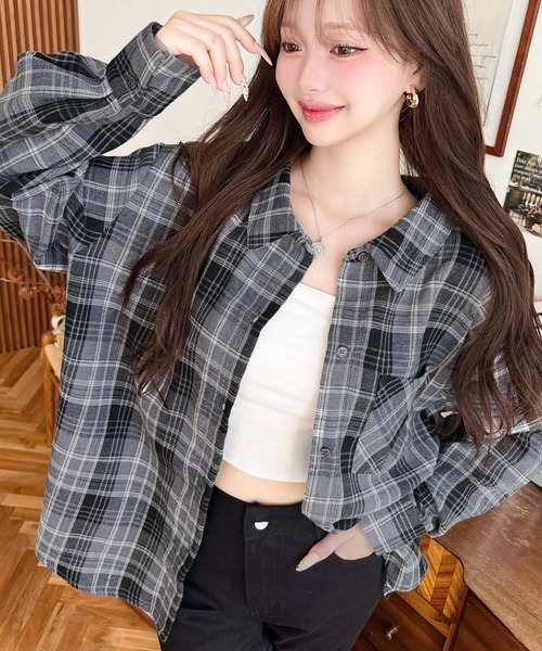 moment+ ブラウス シャツ マルチウェイ長袖ルーズチェックシャツ