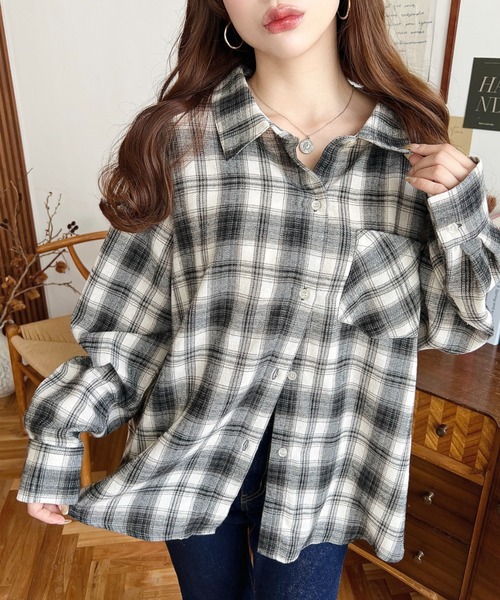 moment+ ブラウス シャツ マルチウェイ長袖ルーズチェックシャツ