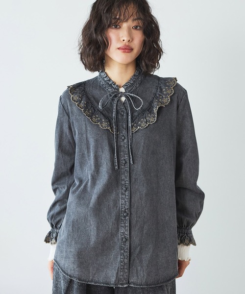 本日のみ値下げ デニムフリルシャツ　新品 SOMETHING ブラウス シャツ SOMETHINGフリルカラーデニム