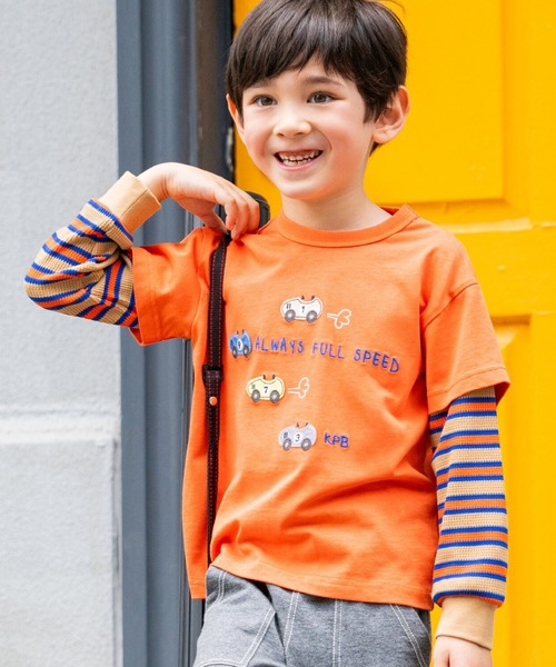 KP BOY（ケーピーボーイ） tシャツ 車アップリケ レイヤード風長袖T