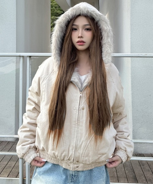 ブルゾン アウター ファー付きジップアップブルゾン レディース