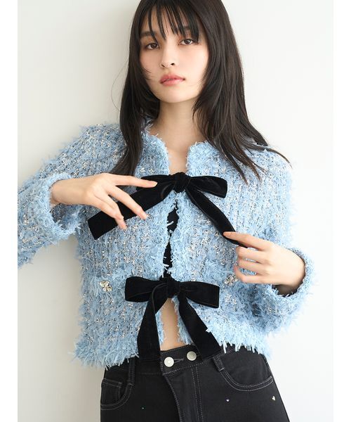 L.B CANDY STOCK] マルチビジューノーカラーニットジャケット WEB限定