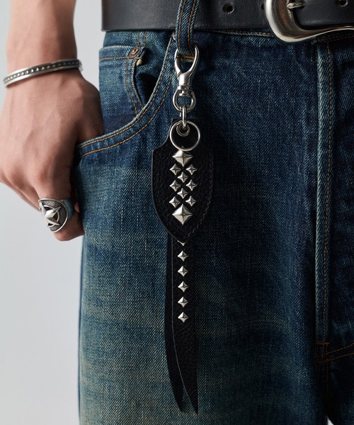 CALEE キーチェーン CALEE - STUDS & KNITTING LEATHER LONG KEY RING ＜TYPE B＞ (BLACK