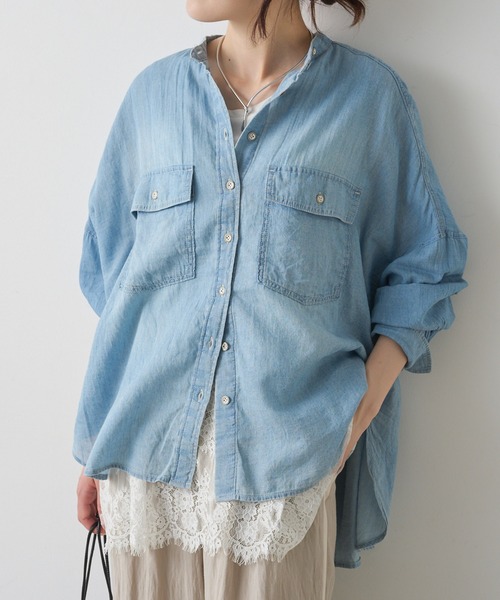 pual ce cin ブラウス シャツ シアーデニムバンドカラーシャツ