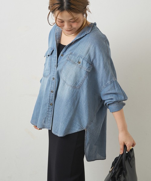 pual ce cin ブラウス シャツ シアーデニムバンドカラーシャツ