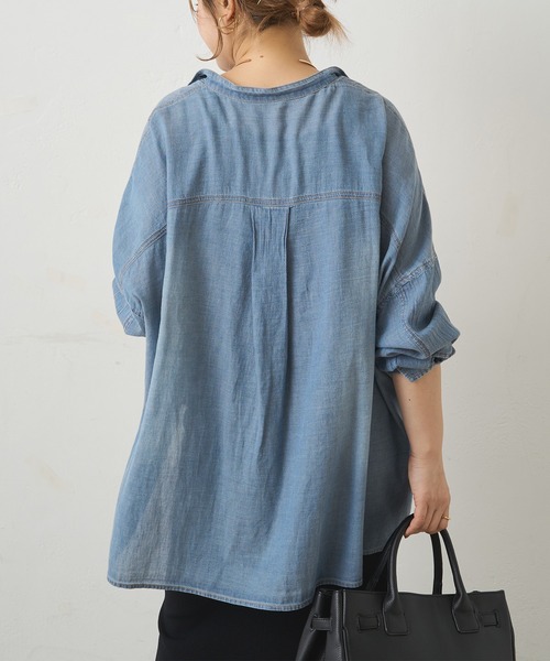pual ce cin ブラウス シャツ シアーデニムバンドカラーシャツ