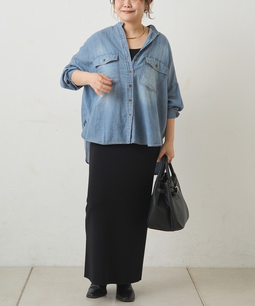 pual ce cin ブラウス シャツ シアーデニムバンドカラーシャツ