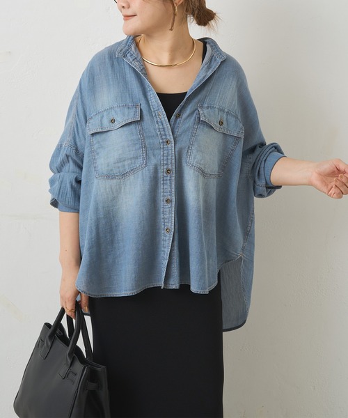 pual ce cin ブラウス シャツ シアーデニムバンドカラーシャツ