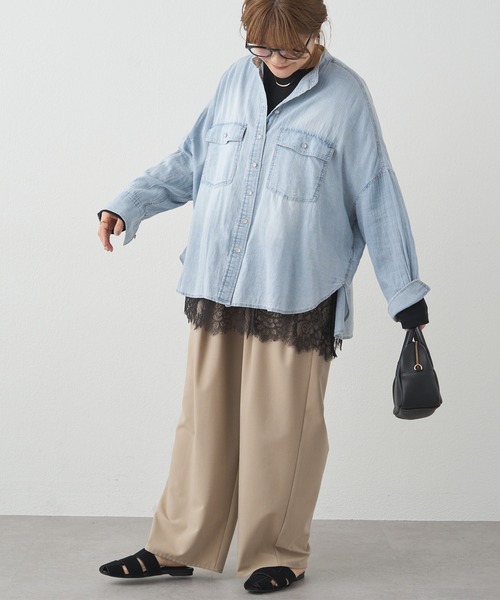 pual ce cin ブラウス シャツ シアーデニムバンドカラーシャツ