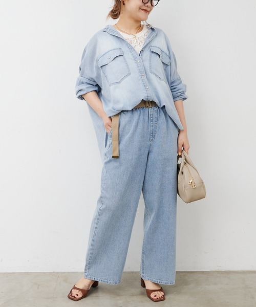 pual ce cin ブラウス シャツ シアーデニムバンドカラーシャツ