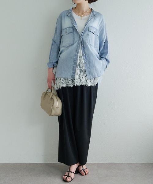 pual ce cin ブラウス シャツ シアーデニムバンドカラーシャツ