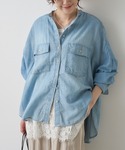 ブラウス シャツ シアーデニムバンドカラーシャ...の詳細画像1
