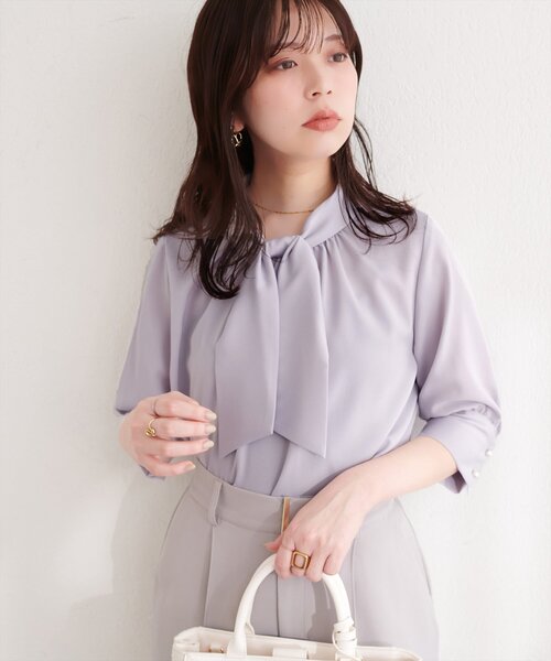 natural couture ブラウス シャツ 袖口パールノット結び6分袖ブラウス