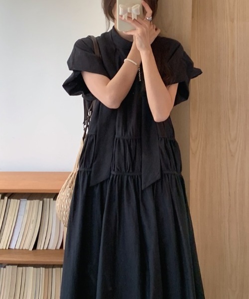 YUGA ワンピース 半袖 YUGA_YGMC Korean-style Ribbon tie tiered