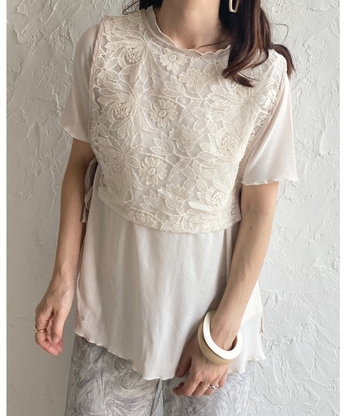 ang：projectホワイトレースビスチェ 半袖 フリル付き She's Closet ベスト ジレ オーガンジー花柄刺繍レースビスチェ