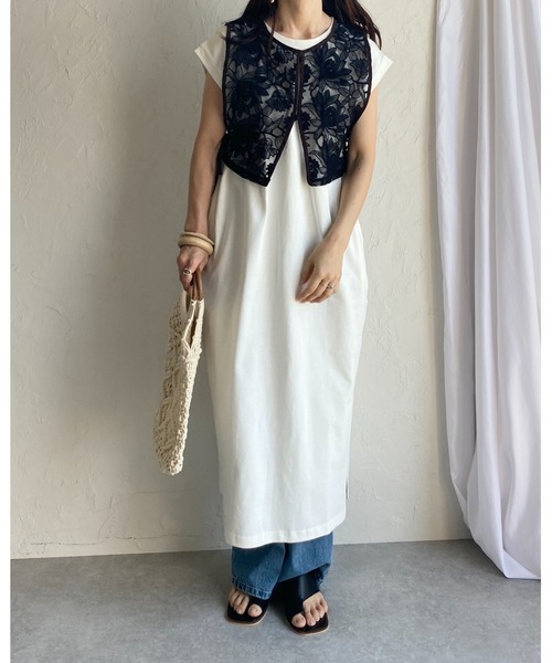She's Closet ベスト ジレ オーガンジー花柄刺繍レースビスチェ