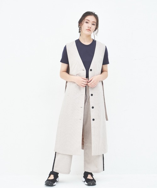 ベスト ジレ 麻混ストライプ大人ロングジレ レディース