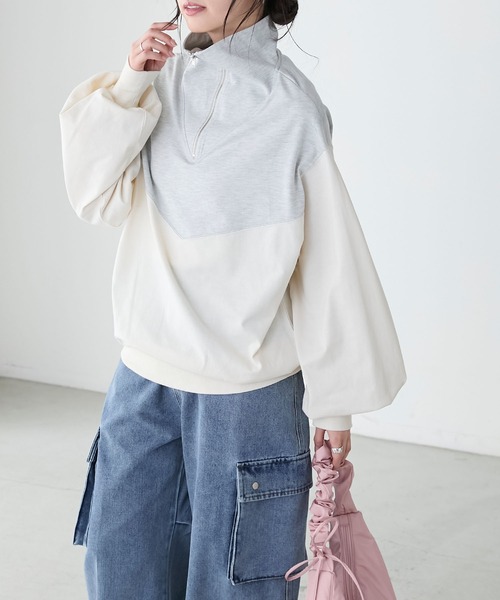 tシャツ 切替配色プルオーバー レディース BONLECILL tシャツ 配色切り替えハーフジッププルオーバー