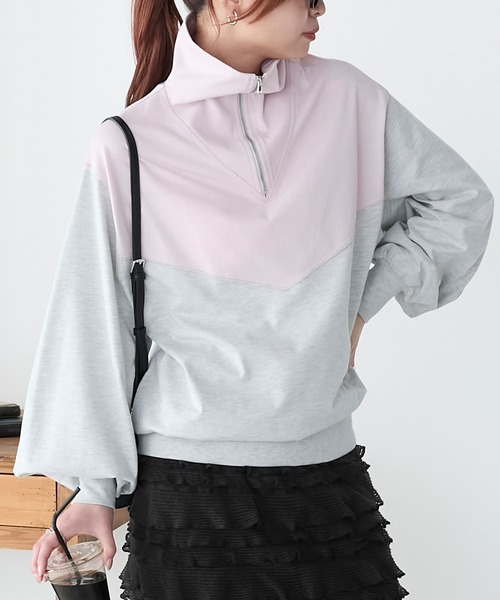 tシャツ 切替配色プルオーバー レディース BONLECILL tシャツ 配色切り替えハーフジッププルオーバー