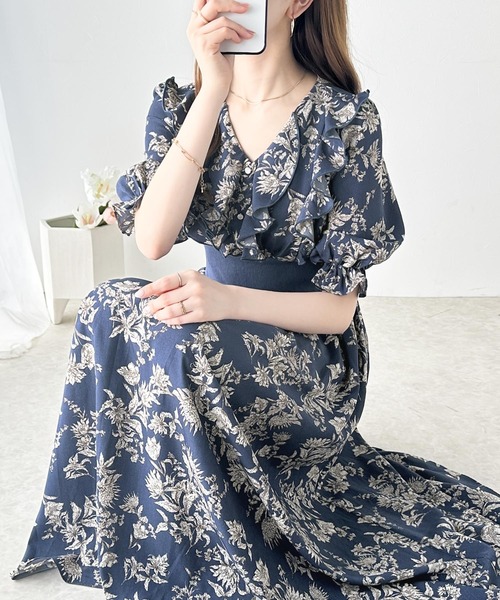 送料込】花柄 ウエストリボン 半袖 フレア ミニ丈 ワンピース ワンピース レディース 花柄ワンピース ミニワンピース シフォン