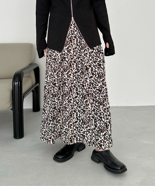 スカート 「XSサイズあり」レオパードワッシャーミドルスカート